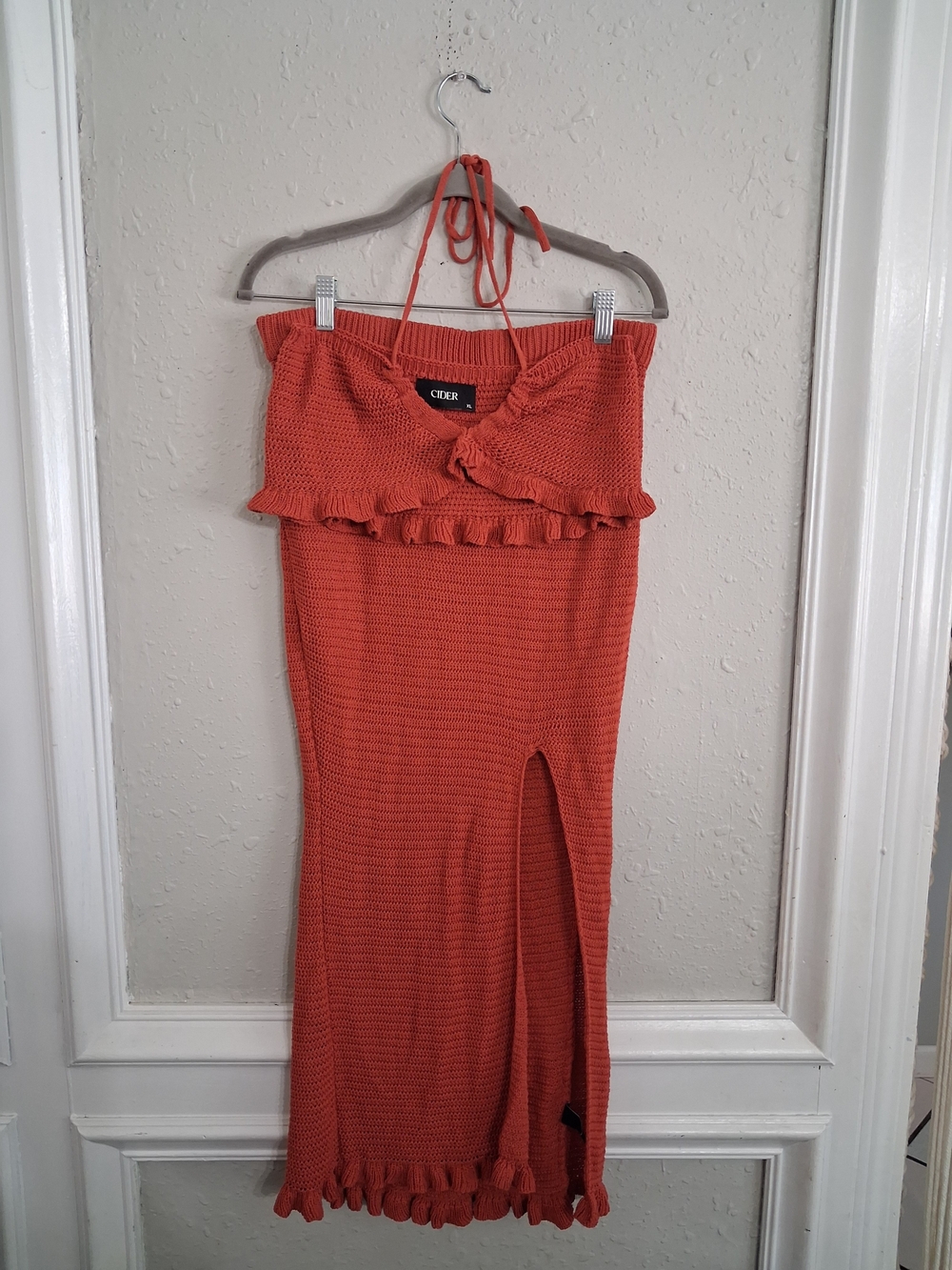 Rust Orange crochet knit maxi skirt crop halter top bralette festival beach boho